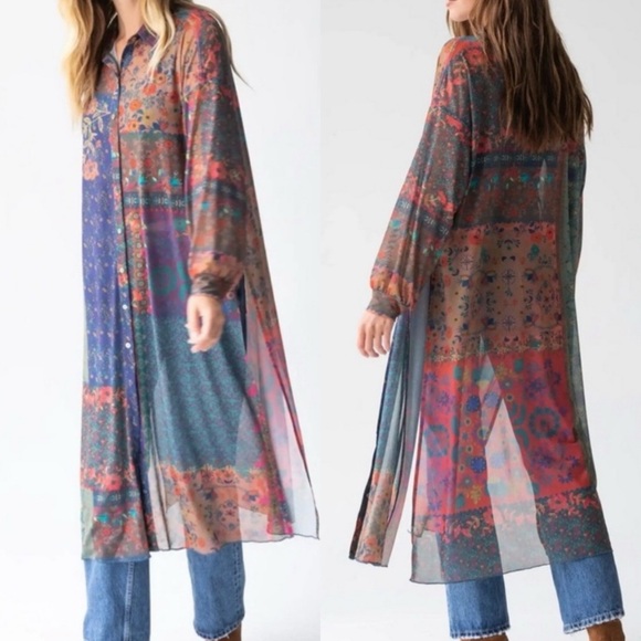 Natural Life Sheer Patchwork Floral Maxi Shirt Dress Coverup Duster Kimono Boho - Picture 3 of 12